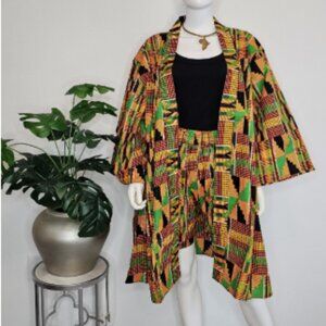 Ankara Print Kimono Duster Set – Wide Leg Shorts, Top, Belt & Headwrap
